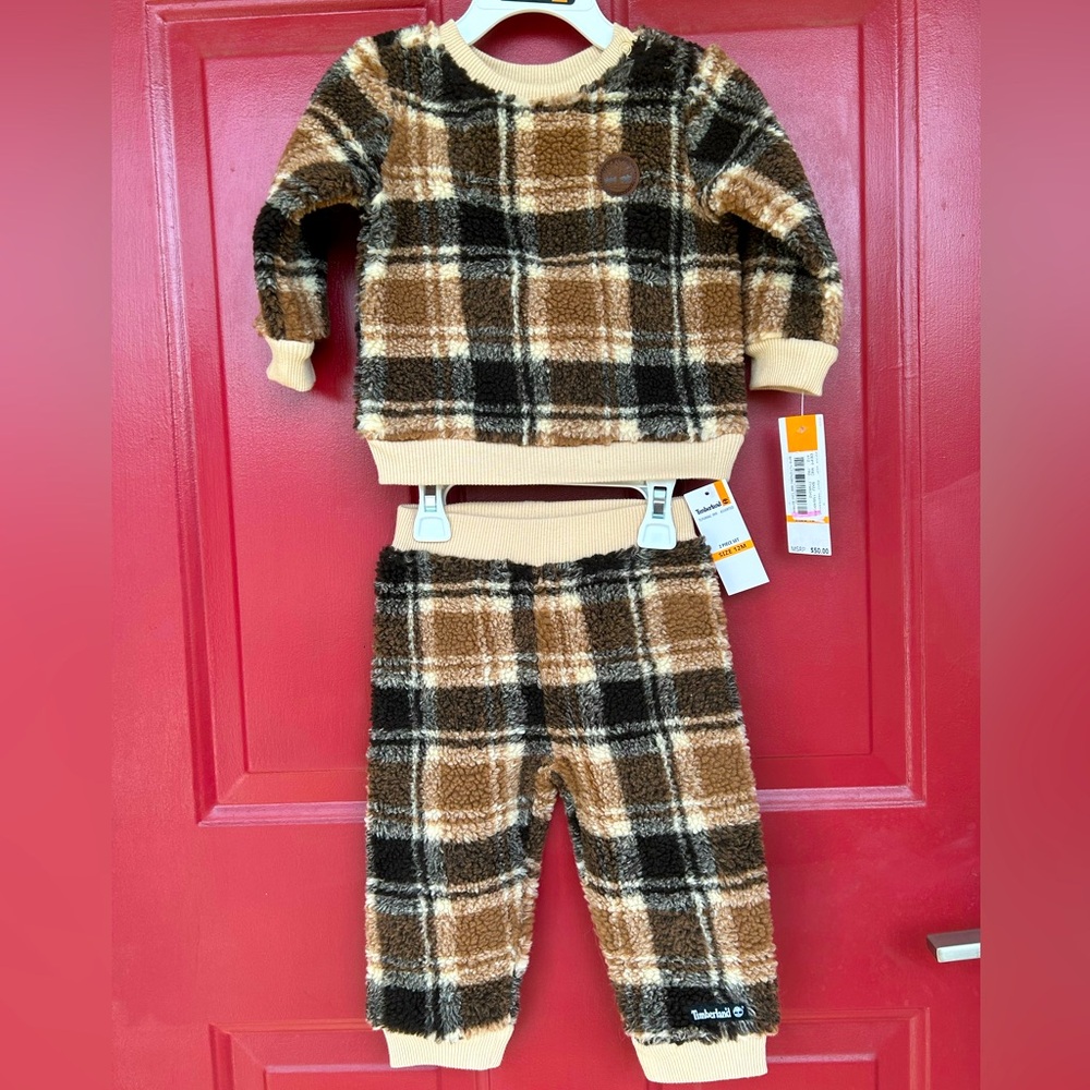 NWT TIMBERLAND s12m teddy bear plaid play set Soo cute & cozy/soft